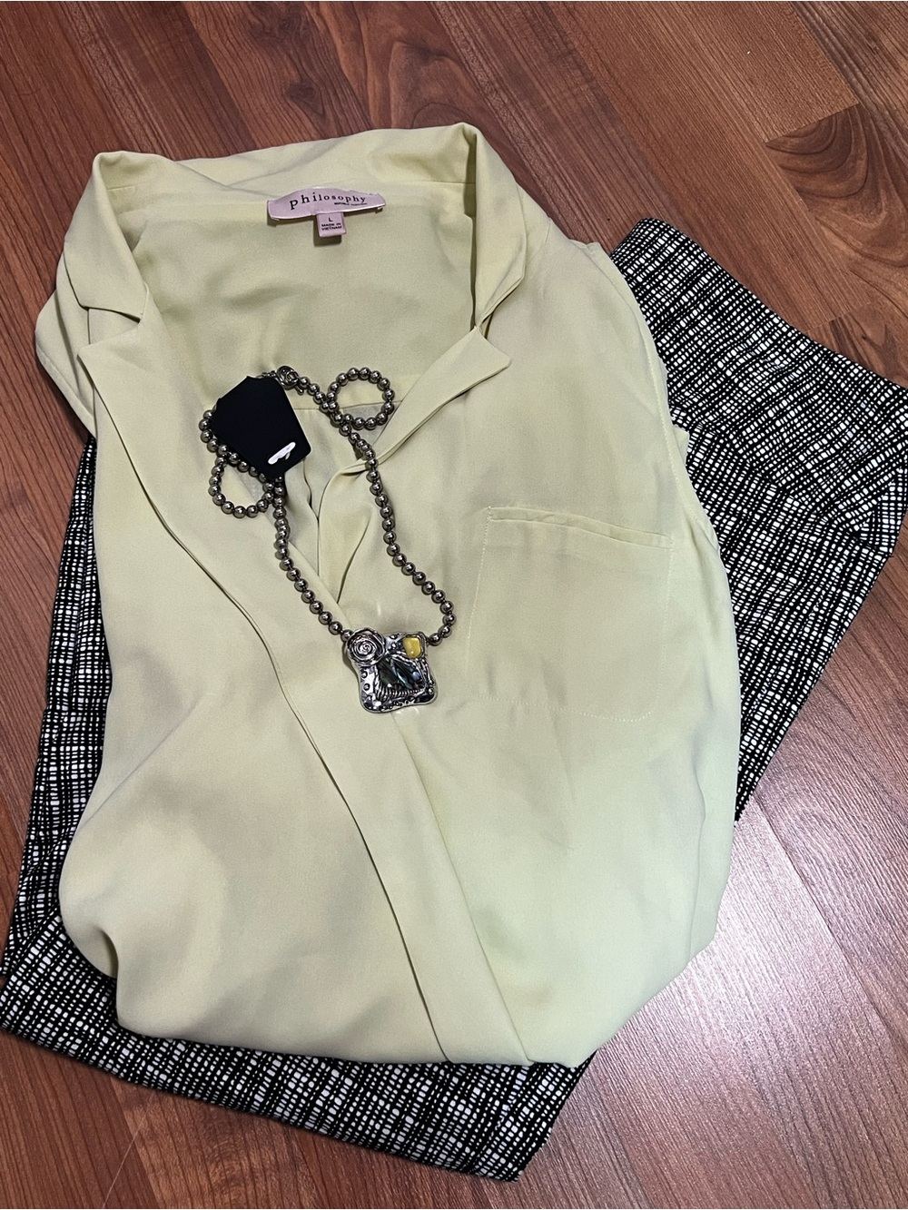 Philosophy Light Green Blouse with Black & White Tweed cropped Pants